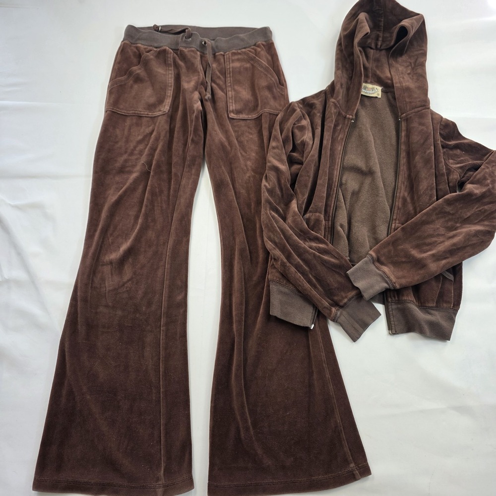 VTG Y2K Juicy Couture Velour Tracksuit 2 Piece Womens Medium Brown Hoodie Pants
